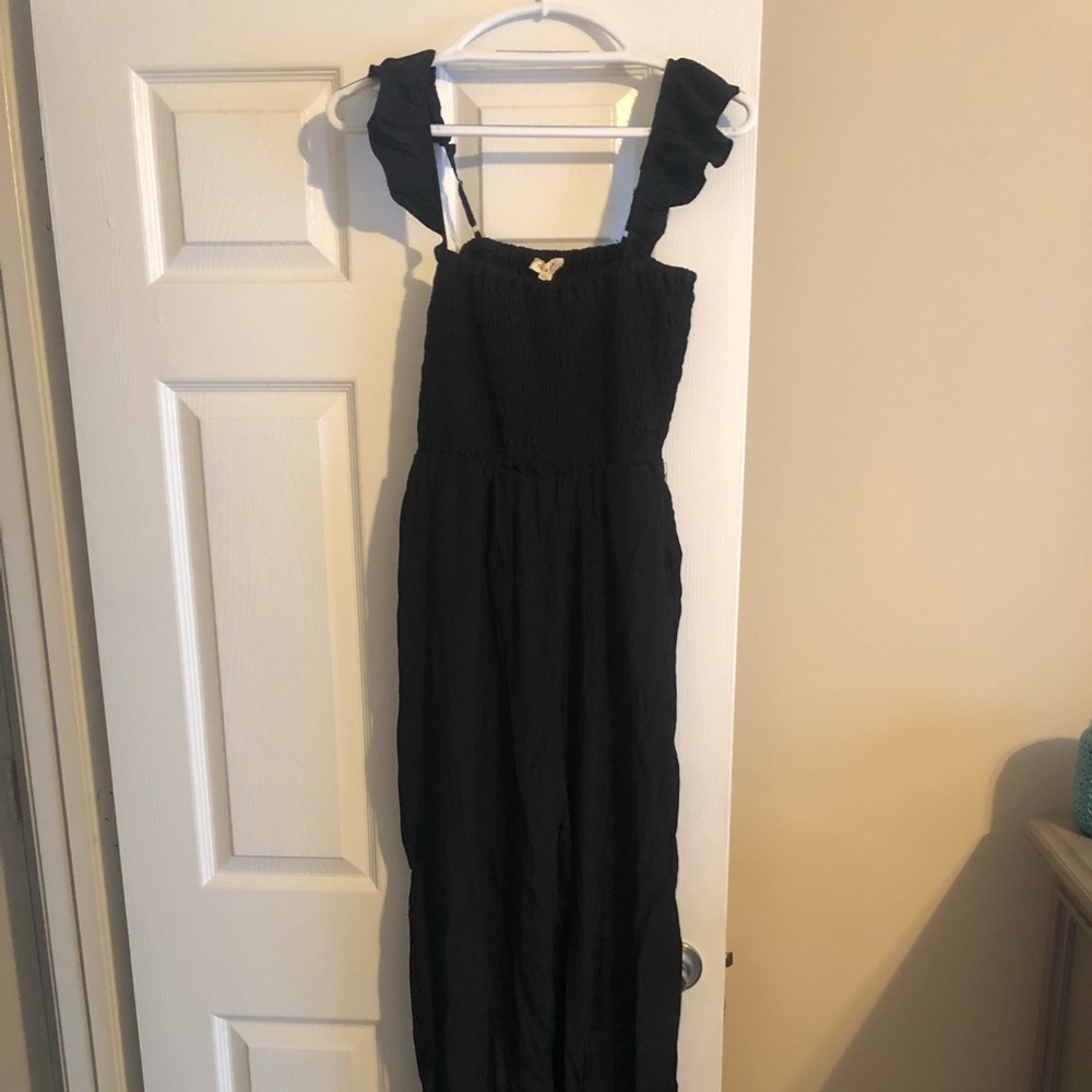 Black Ruffle Strap Smocked Waist Jumpsuit Size L